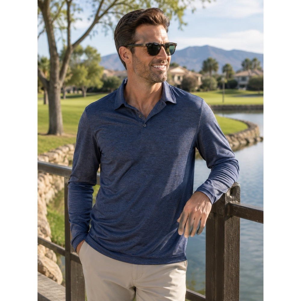 01.ALGO Performance Polo Shirt Size Medium Blue Heather Long‎ Sleeve UV SPF 40